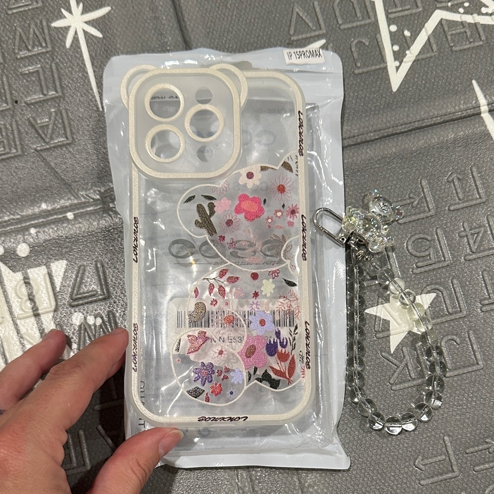 Floral Clear Phone Case with Strap - bear design and bear keychain  15 pro max